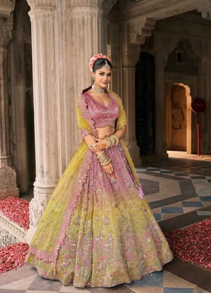 Latest Pink Yellow Designer Lehenga with Stone and Mirror Work for Weddings Bridal Lehenga Choli