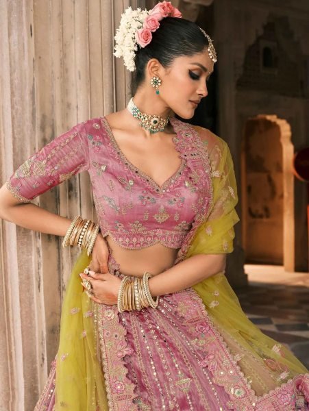 Latest Pink Yellow Designer Lehenga with Stone and Mirror Work for Weddings Bridal Lehenga Choli