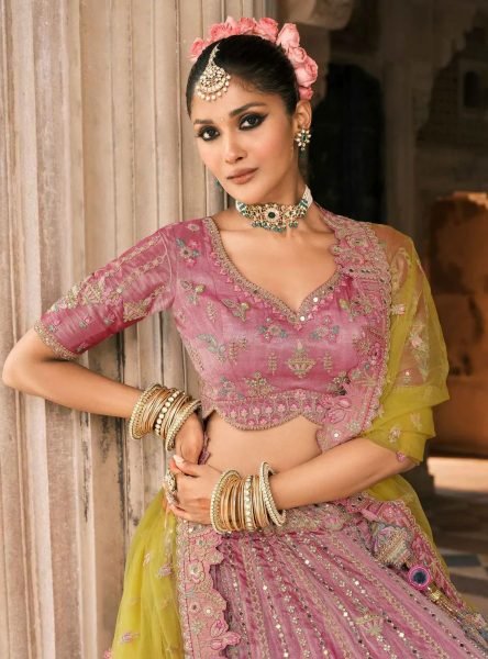 Latest Pink Yellow Designer Lehenga with Stone and Mirror Work for Weddings Bridal Lehenga Choli