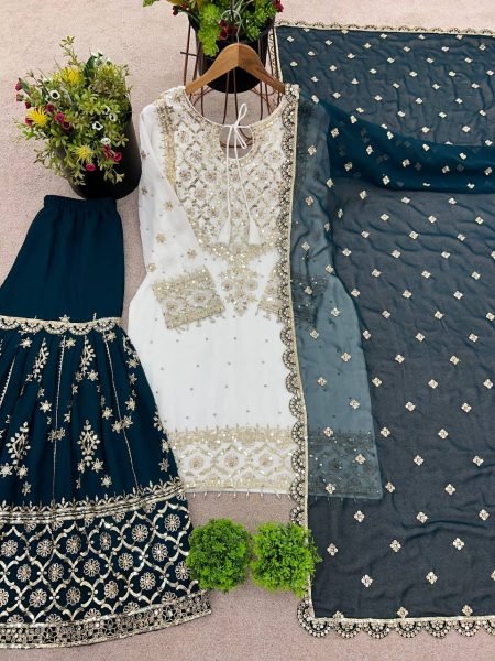 Latest Ready to Wear Heavy Georgette Sharara Suit with Embroidered Top and Dupatta Affordable 3 Piece Designer Set  Ready To Wear Collection