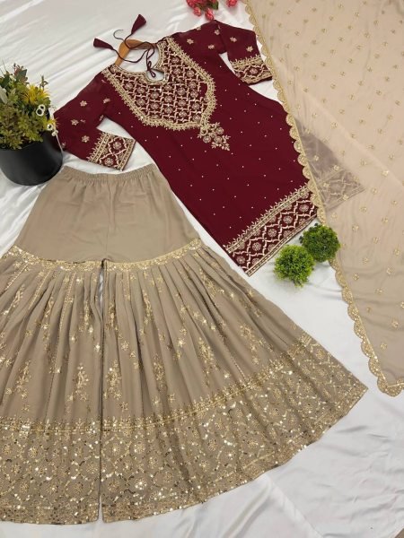 Exclusive Ready to Wear Embroidered Georgette Salwar Suit with Heavy Sharara Best Wholesale Deal on Stitched Ladies Suit Ready To Wear Collection