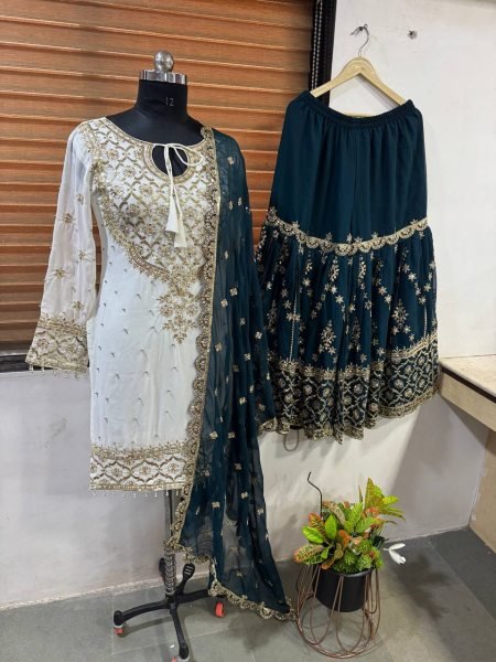 Latest Ready to Wear Heavy Georgette Sharara Suit with Embroidered Top and Dupatta Affordable 3 Piece Designer Set  Ready To Wear Collection