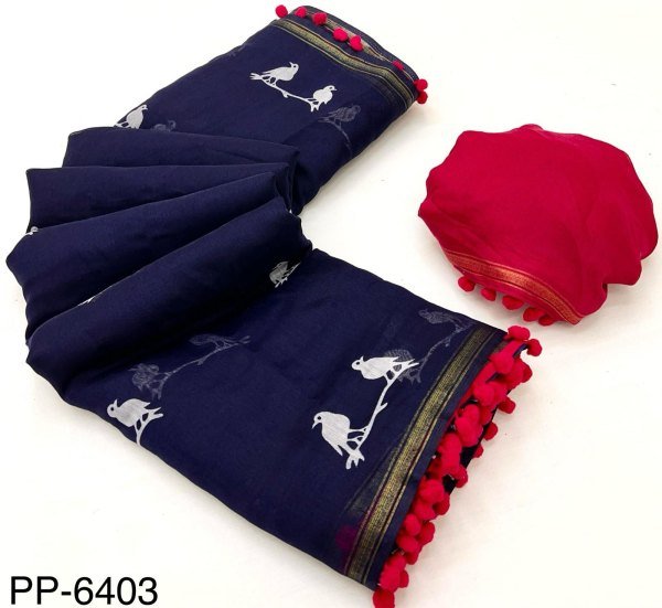 Latest Trend Lightweight Soft Cotton Saree with Playful Pom Pom Finish Cotton Sarees Wholesale