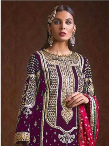 Latest Velvet Salwar Suit Material Embroidered Work with Pakistani Three Set Suit