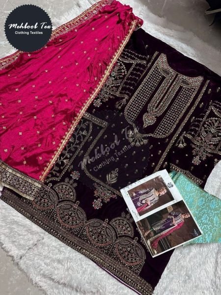 Latest Velvet Salwar Suit Material Embroidered Work with Pakistani Three Set Suit Pakistani Suits Wholesale