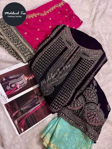 Latest Velvet Salwar Suit Material Embroidered Work with Pakistani Three Set Suit Pakistani Suits Wholesale