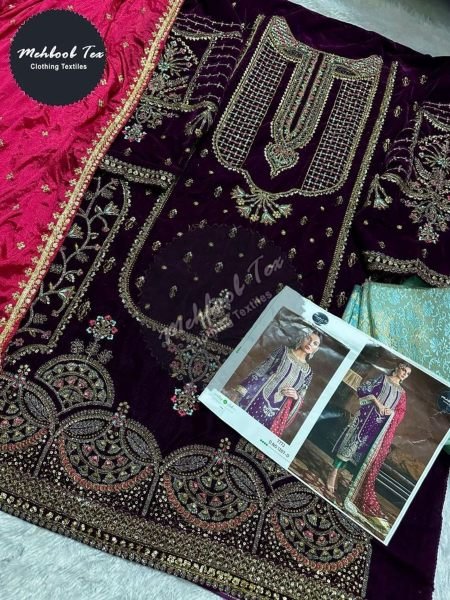 Latest Velvet Suit With Embroidery Work Pakistani Three Set Suit Pakistani Suits Wholesale
