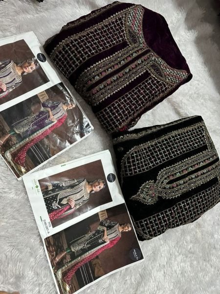 Latest Velvet Suit With Embroidery Work Pakistani Three Set Suit Pakistani Suits Wholesale