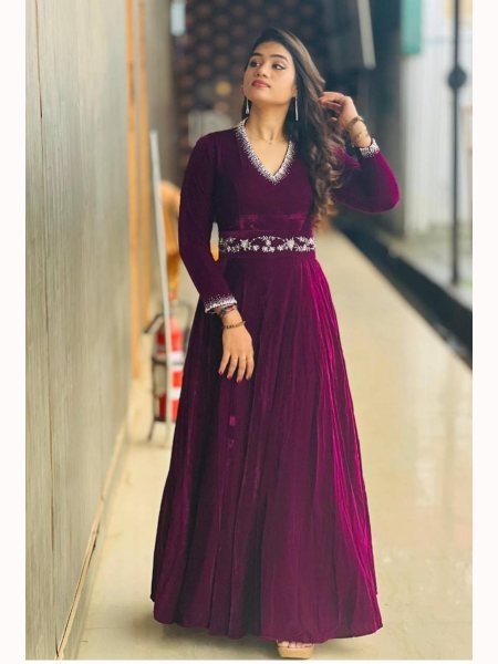 Launching New Party Wear Velvet Gown with  Heavy Embroidery Sequence Work Plus Size Kurti / Gown