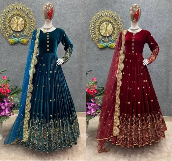 Launching New Viscose Velvet Gown With Embroidery Work  Ready To Wear Collection