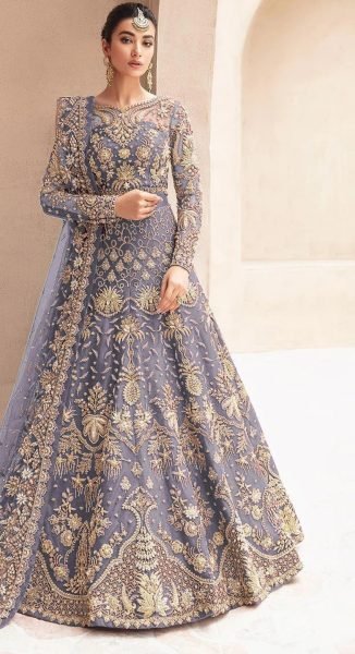 Lavender Butterfly Net Bridal Gown with Diamond Embroidery and Dupatta Wholesale from Surat Wedding Bridal Dress Wholesale