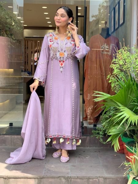 Lavender Chanderi Silk Kurta Set With Embroidered Pants And Matching Dupatta.  Embroidery Kurtis 