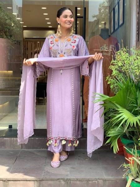 Lavender Chanderi Silk Kurta Set With Embroidered Pants And Matching Dupatta.  Embroidery Kurtis 