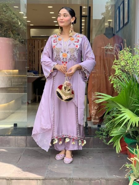 Lavender Chanderi Silk Kurta Set With Embroidered Pants And Matching Dupatta.  Embroidery Kurtis 