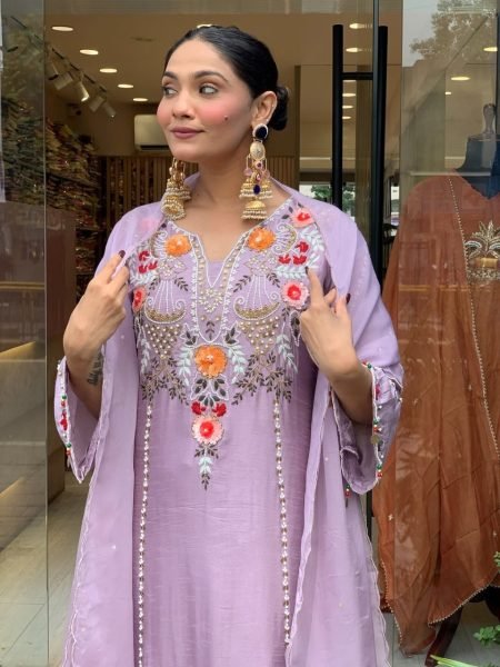 Lavender Chanderi Silk Kurta Set With Embroidered Pants And Matching Dupatta.  Embroidery Kurtis 