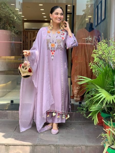 Lavender Chanderi Silk Kurta Set With Embroidered Pants And Matching Dupatta.  Embroidery Kurtis 