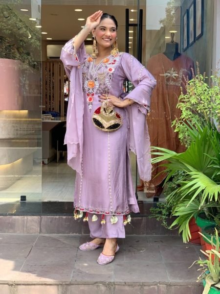 Lavender Chanderi Silk Kurta Set With Embroidered Pants And Matching Dupatta.  Embroidery Kurtis 