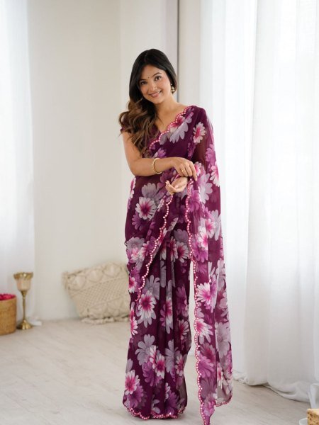 Lavender Charm Printed Georgette Saree with Mirror Work Perfect for Stylish Daywear  Sarees 