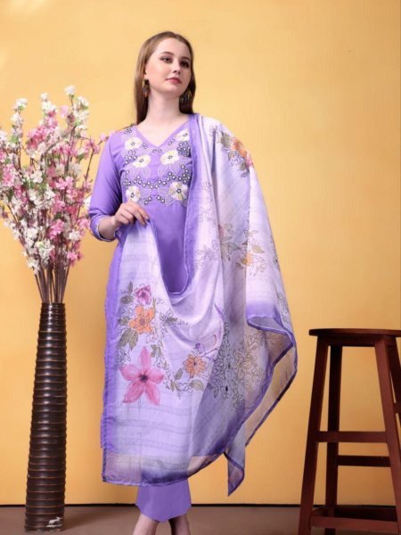 Lavender Charm Rayon Slub Suit Set with Embroidered Kurti & Chanderi Dupatta Kurtis