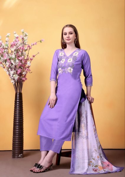 Lavender Charm Rayon Slub Suit Set with Embroidered Kurti & Chanderi Dupatta 3 Piece Kurti Set