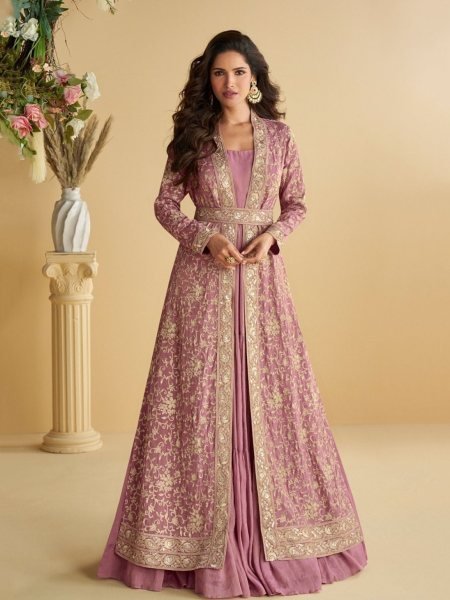 Lavender Chinon Silk Crush Gown with Sequins Embroidery and Chain Stitch Shrug Salwar Kameez
