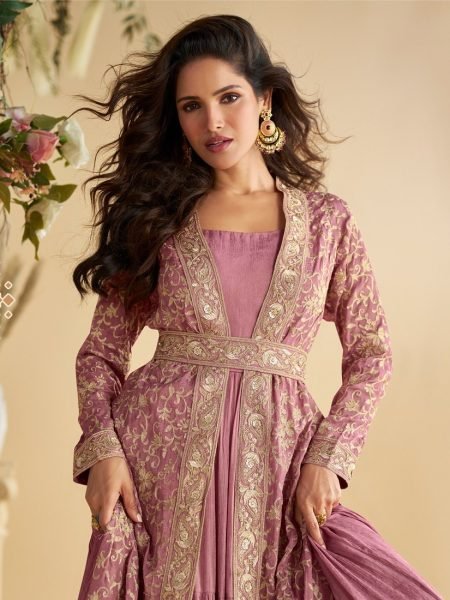 Lavender Chinon Silk Crush Gown with Sequins Embroidery and Chain Stitch Shrug Anarakali Gown Wholesale