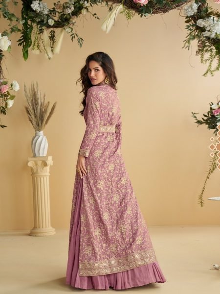 Lavender Chinon Silk Crush Gown with Sequins Embroidery and Chain Stitch Shrug Anarakali Gown Wholesale