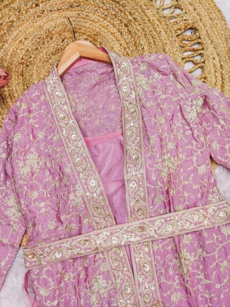 Lavender Chinon Silk Crush Gown with Sequins Embroidery and Chain Stitch Shrug Anarakali Gown Wholesale