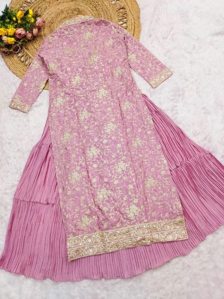 Lavender Chinon Silk Crush Gown with Sequins Embroidery and Chain Stitch Shrug Anarakali Gown Wholesale