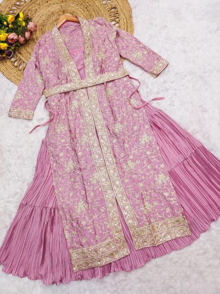 Lavender Chinon Silk Crush Gown with Sequins Embroidery and Chain Stitch Shrug Anarakali Gown Wholesale