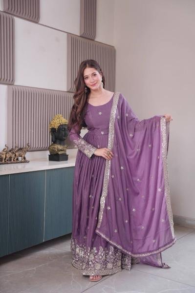 Lavender Color Diamond Silk Gown with Dupatta and Sequins Work For Woman Kurti With Dupatta Wholesale
