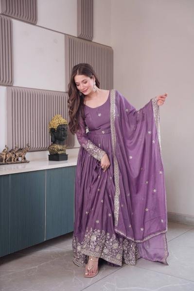 Lavender Color Diamond Silk Gown with Dupatta and Sequins Work For Woman Kurti With Dupatta Wholesale
