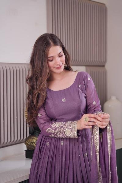 Lavender Color Diamond Silk Gown with Dupatta and Sequins Work For Woman Kurti With Dupatta Wholesale