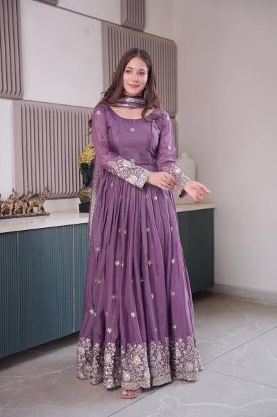 Lavender Color Diamond Silk Gown with Dupatta and Sequins Work For Woman Kurti With Dupatta Wholesale