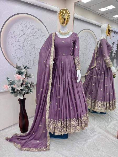 Lavender Color Diamond Silk Gown with Dupatta and Sequins Work For Woman Kurti With Dupatta Wholesale