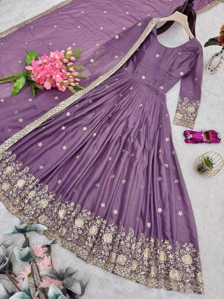 Lavender Color Diamond Silk Gown with Dupatta and Sequins Work For Woman Kurti With Dupatta Wholesale