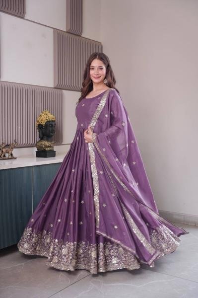 Lavender Color Diamond Silk Gown with Dupatta and Sequins Work For Woman Kurti With Dupatta Wholesale