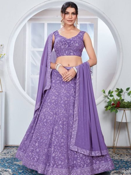 Lavender Color Fox Georgette Lehenga Choli With Embroidery Work  