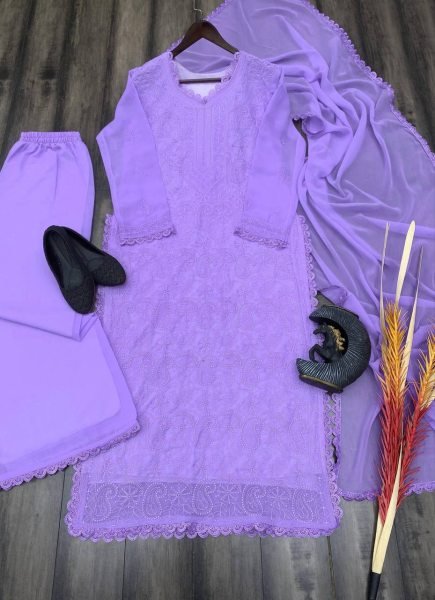 Lavender Color Georgette Salwar Suit With Cotton Thread Embroidery and Dupatta Set at Best Price Lucknowi Chikankari Kurtis Wholesale