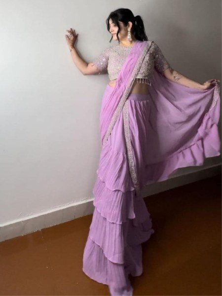 Lavender Color Ruffel Georgette Ready To Wear Saree Collection by Royal Export Sarees 