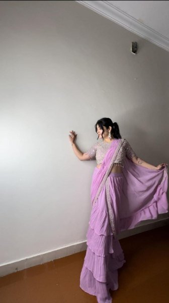 Lavender Color Ruffel Georgette Ready To Wear Saree Collection by Royal Export Ready To Wear Saree 