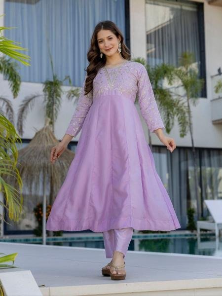 Lavender Color Vichitra Silk Embroidered Kurta Dupatta Set For Woman 
