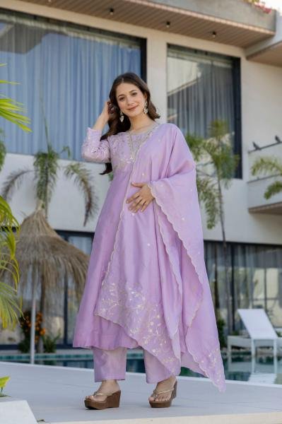 Lavender Color Vichitra Silk Embroidered Kurta Dupatta Set For Woman Embroidery Kurtis 