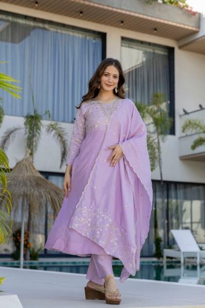 Lavender Color Vichitra Silk Embroidered Kurta Dupatta Set For Woman Embroidery Kurtis 