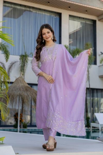Lavender Color Vichitra Silk Embroidered Kurta Dupatta Set For Woman Embroidery Kurtis 