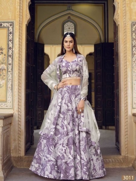 Lavender Crushed Silk Floral Print Lehenga with Net Dupatta for Weddings   Lehenga