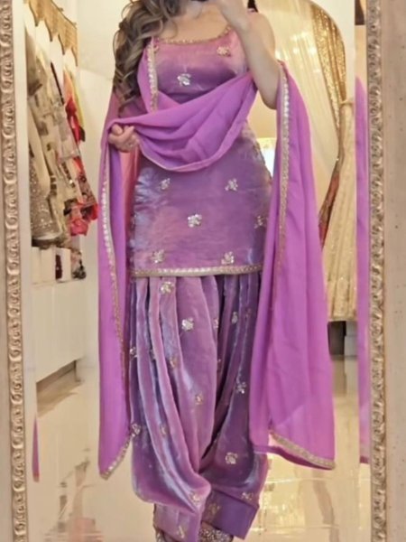 Lavender Crushi Silk Designer Top and Farshi Salwar Set with Embroidered Dupatta Elegant Festive Wear Ready To Wear Suit