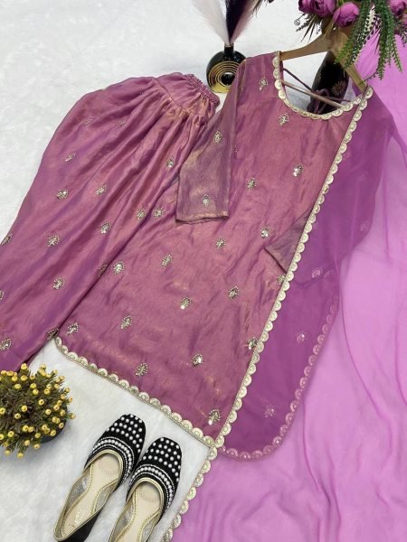Lavender Crushi Silk Designer Top and Farshi Salwar Set with Embroidered Dupatta Elegant Festive Wear Ready To Wear Collection