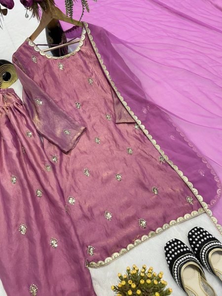 Lavender Crushi Silk Designer Top and Farshi Salwar Set with Embroidered Dupatta Elegant Festive Wear Ready To Wear Collection