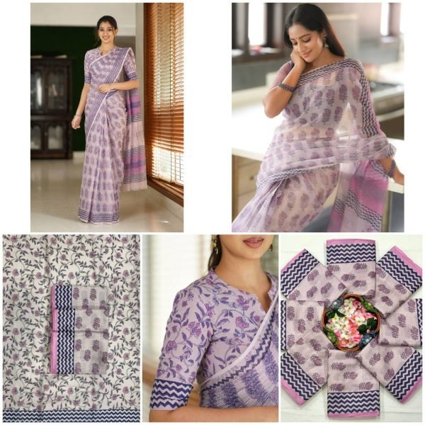 Lavender Designer Cotton Kota Check Digital Print Saree with Rich Pallu at Festival Wear Printed Cotton Sarees Wholesale